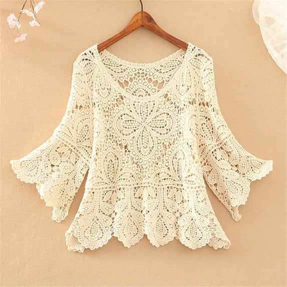 Sanbonepd Women's Short Crochet Cut Out Five Quarter Sleeve Top Skirt With Smock
