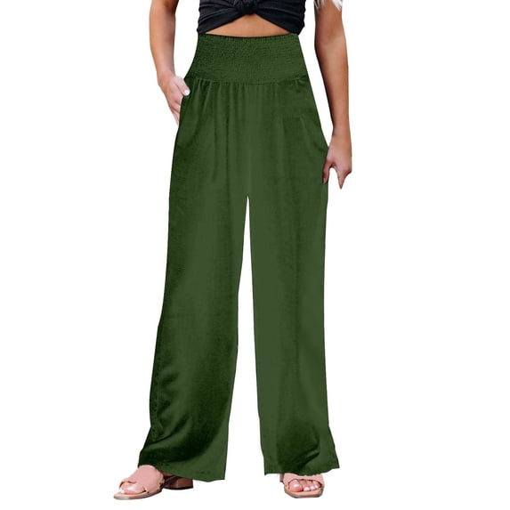 Sanbonepd Women's Solid Loose Relaxed High Waist Cotton Pocket Wide Leg Pants