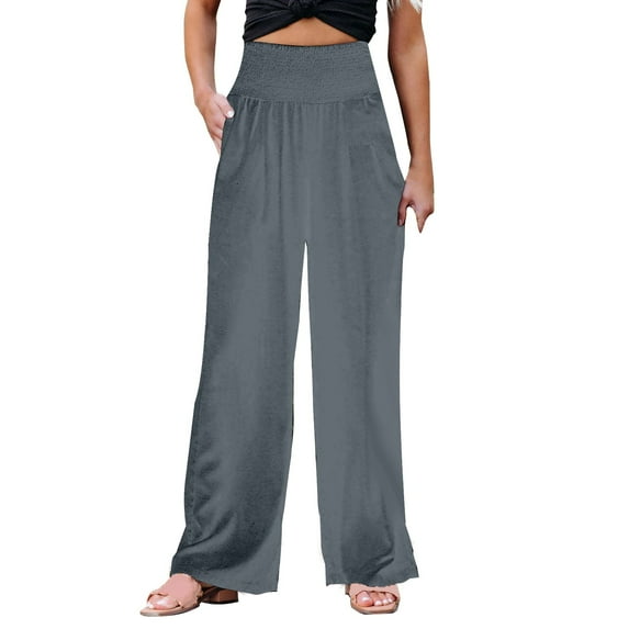 Women's High Waisted Pants Solid Loose Relaxed Cotton Pocket Wide Leg Pants Grey