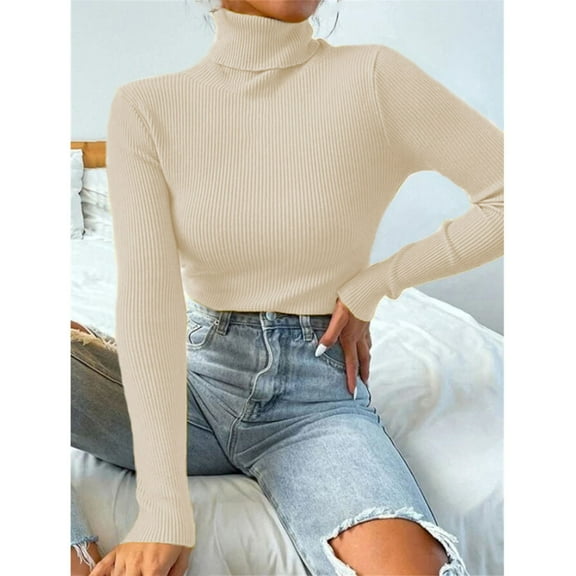 Sanbonepd Womens Cropped Sweaters Fall Winter Solid Turtleneck Pullover Slim Fit Knit Sweater