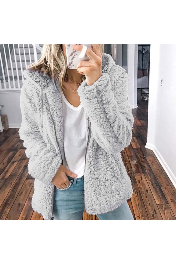 Womens Fleece Jacket Ladies Warm Coat Fall Winter O-neck Solid Long Outerwear