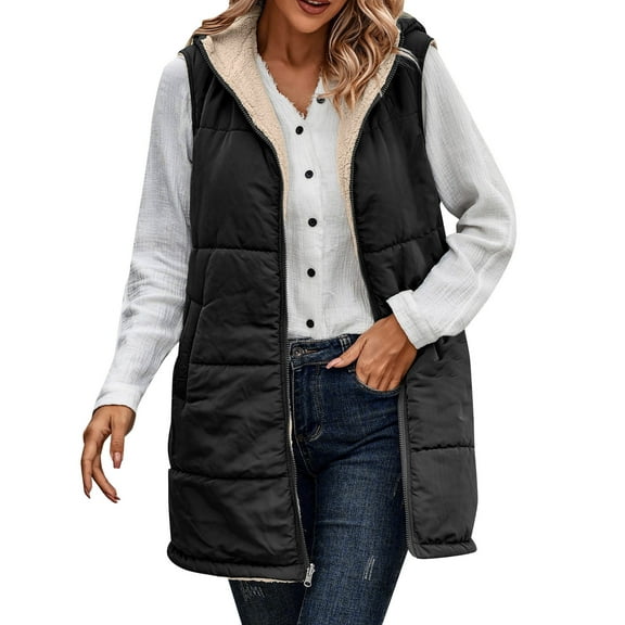 Sanbonepd Womens Jacket 2023 Fall Reversible Vests Sleeveless Fleece Jacket Zip Up Long Warm Winter Coat