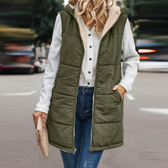 Sanbonepd Womens Jacket 2023 Fall Reversible Vests Sleeveless Fleece Jacket Zip Up Long Warm Winter Coat