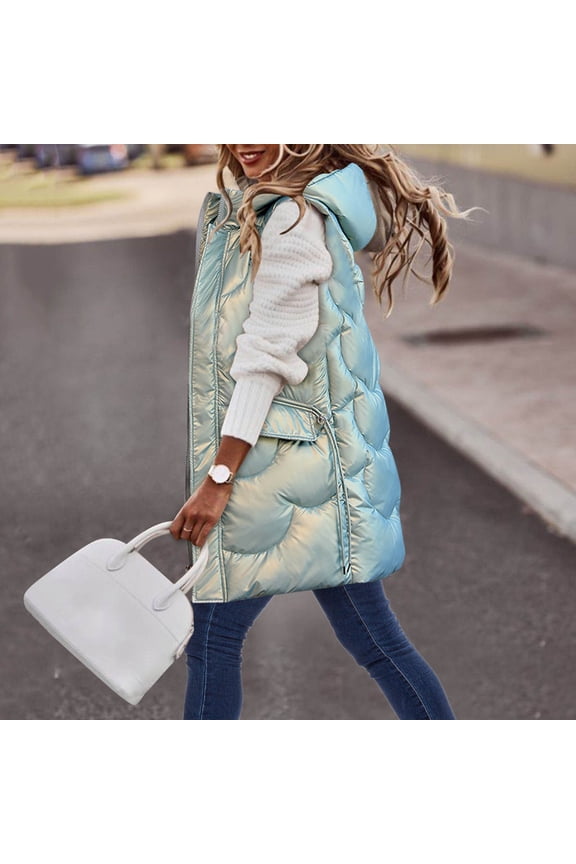 Womens Jacket Long Version Fall Winter Quilted Coat Faux Down Filled Hooded Puffer Vest