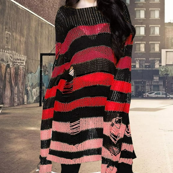 Sanbonepd Womens Sweater Dress Punk Gothic Long Striped Sweater Hollow Out Hole Broken Pullover Loose Tops