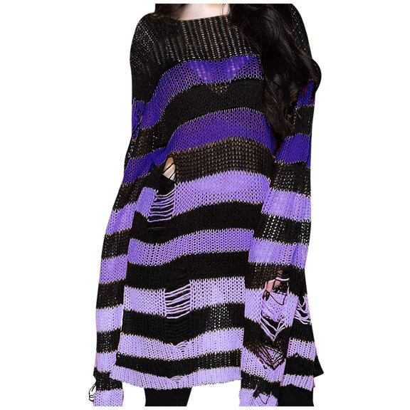 Sanbonepd Womens Sweater Dress Punk Gothic Long Striped Sweater Hollow Out Hole Broken Pullover Loose Tops