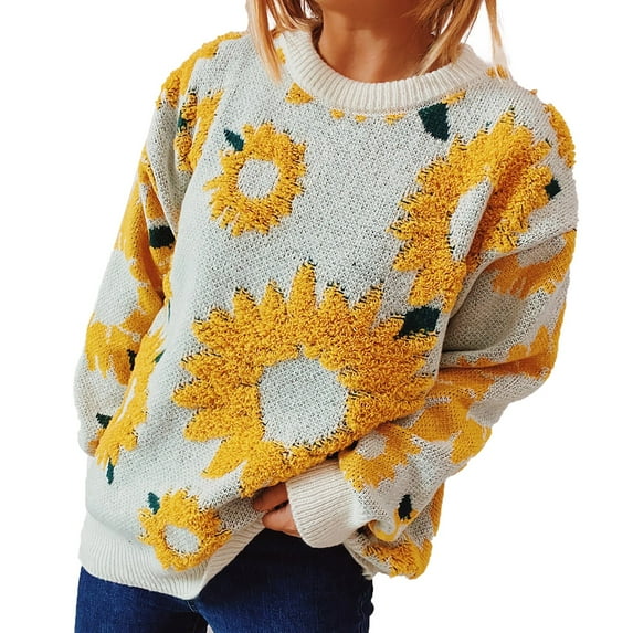 Sanbonepd Womens Sweaters Fall Winter Sunflower Jacquard Round Neck Long Sleeve Knit Sweater