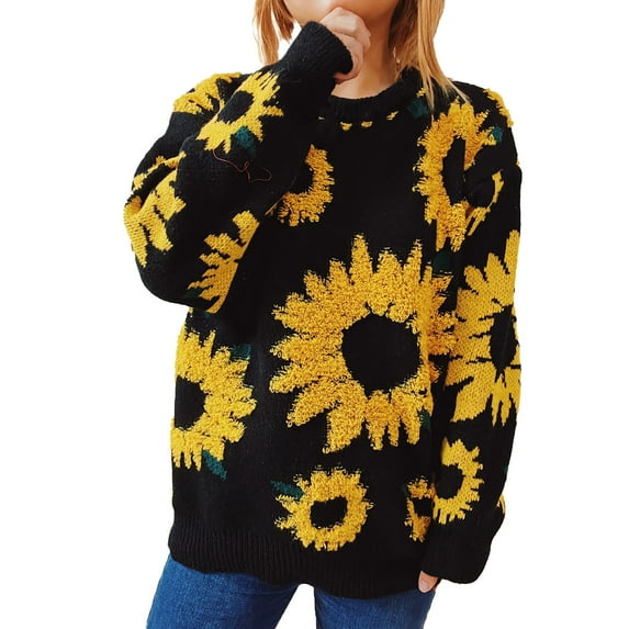 Sanbonepd Womens Sweaters Fall Winter Sunflower Jacquard Round Neck Long Sleeve Knit Sweater