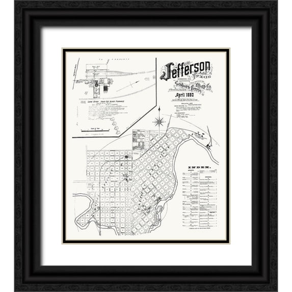 Sanborn 20x23 Black Ornate Wood Framed with Double Matting Museum Art Print Titled - Jefferson Texas - Sanborn 1890