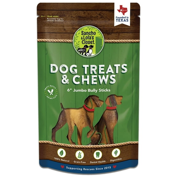 Sancho & Lola's: 6" Bully Sticks - Jumbo 5 Count - Dog Treat, Low-Odor Chew, High-Protein, Made with 100% Beef Pizzle, Hand-Selected in the USA