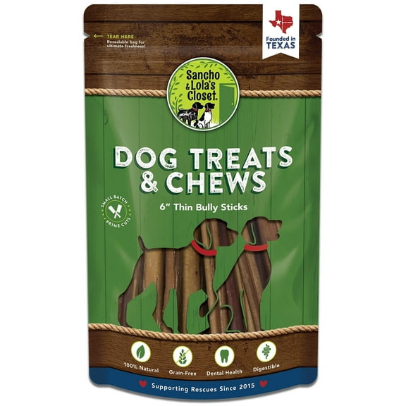 Sancho & Lola's: 6" Bully Sticks - Thin 10 Count - Dog Treat, Low-Odor Chew, High-Protein, Made with 100% Beef Pizzle, Hand-Selected in the USA