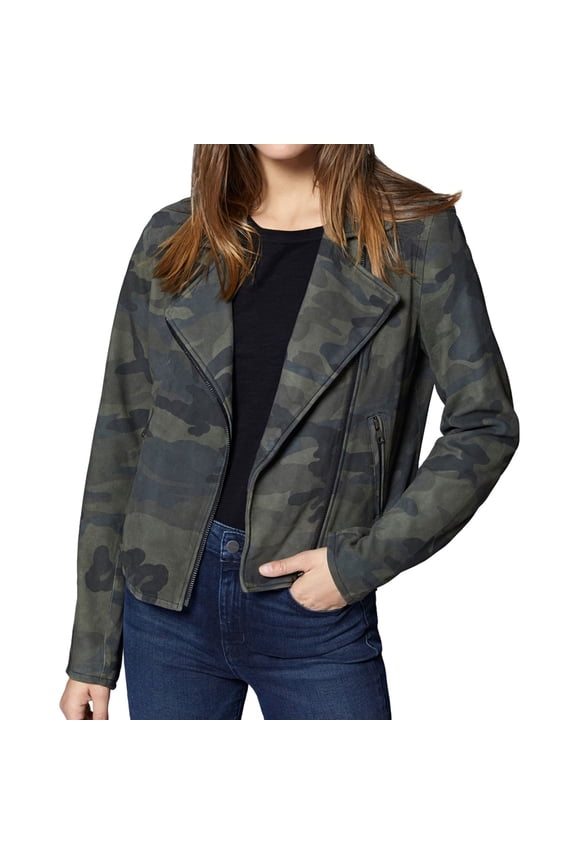 Clothing Womens Camo-Print Suede Motorcycle Jacket, Green, X-Small