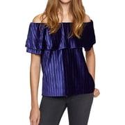 Sanctuary Clothing Womens Celeste Velvet Off the Shoulder Blouse, Blue, Medium