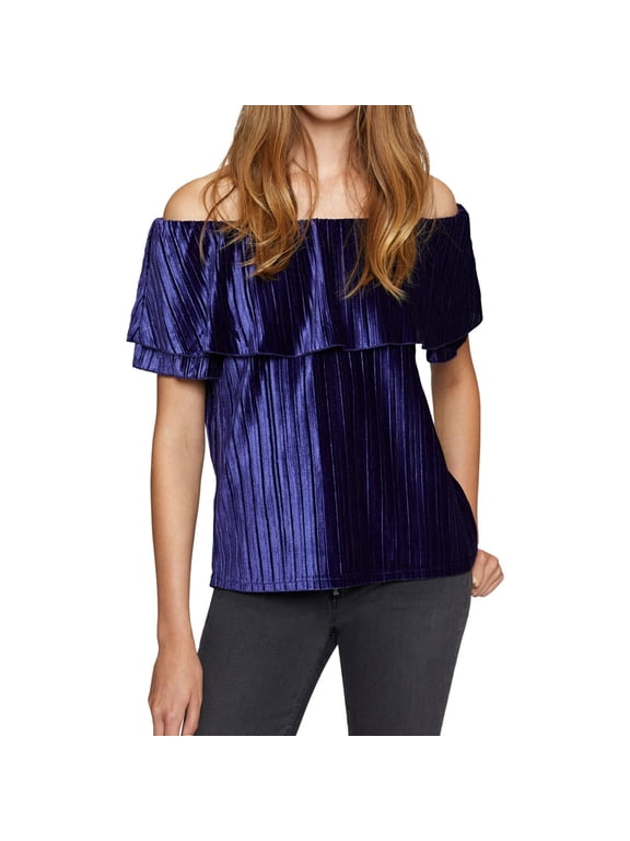 $79 Womens New 1444 Purple Off The Shoulder Velvet Pullover Top S B+B