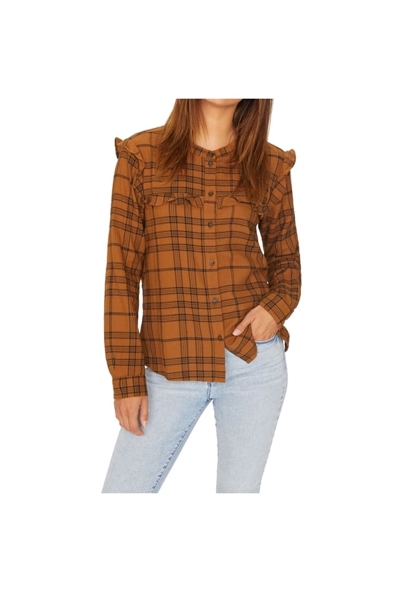 Clothing Womens Plaid Button Up Shirt, Brown, Large