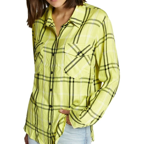 Sanctuary Clothing Womens Plaid Button Up Shirt, Yellow, X-Small