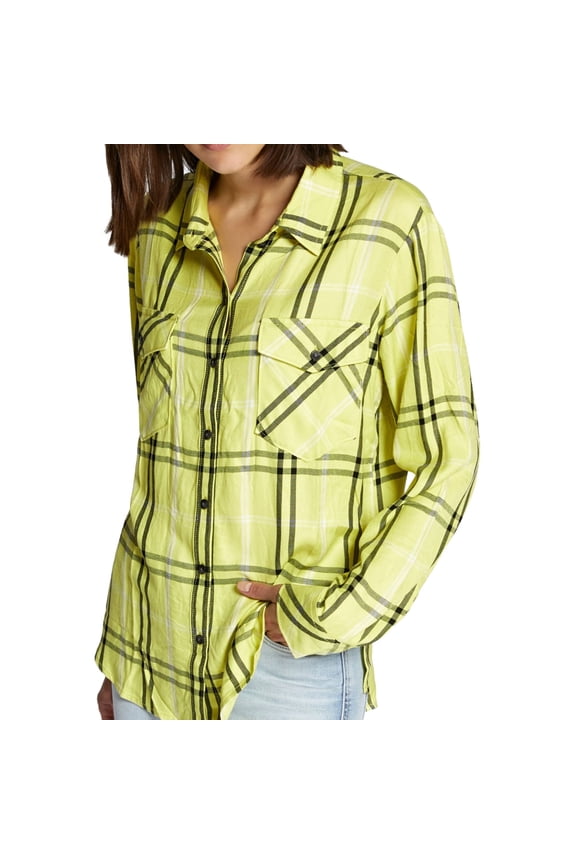 Clothing Womens Plaid Button Up Shirt, Yellow, X-Small