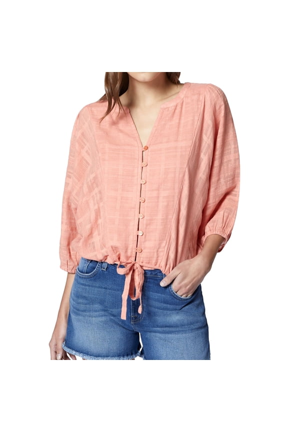 Womens Coral Drawstring Hem 3/4 Sleeve V Neck Top Size: XL