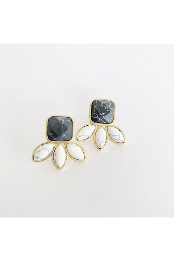 Sanctuary Project by sanctuaire Semi Precious Black and White Howlite Three Stone Stud Earrings Gold