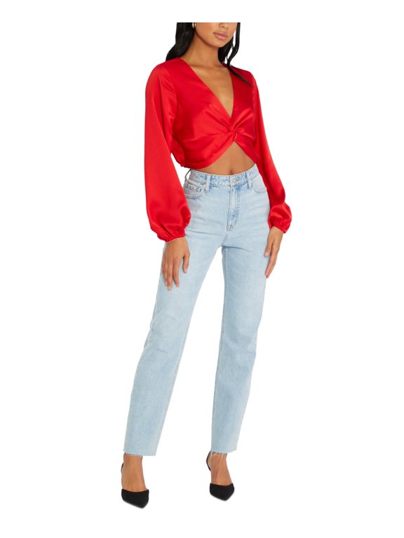 Women’s Ruby Red Satin Twist-Front Crop Top Long Sleeve Size Small