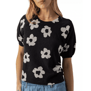 Sanctuary Women Black Floral Sunny Days Cotton Short Sleeve Sweater Top Size S