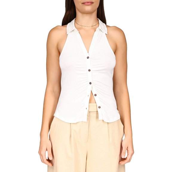 Sanctuary Women's Ruching Racerback Button Down Dreamgirl Top XS White B4HP
