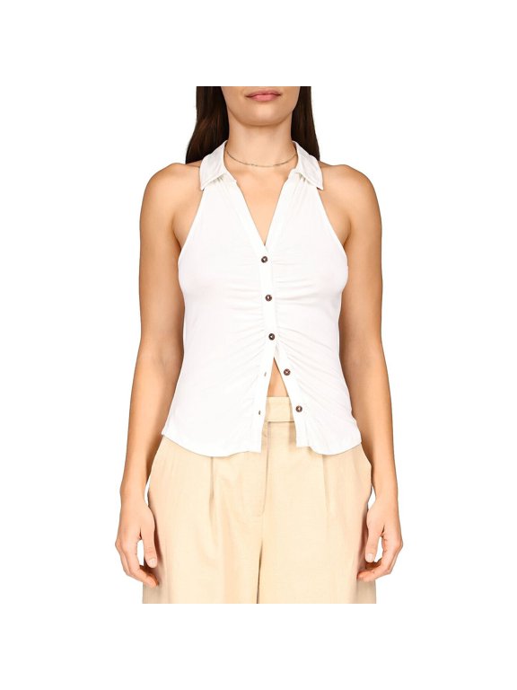 Women's Ruching Racerback Button Down Dreamgirl Top XS White B4HP