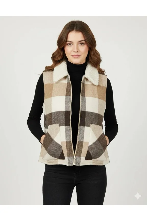 Women's Sherpa Lined Soft Warm Cozy Heavyweight Vest, Brown Plaid, XL
