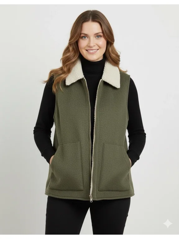 Women's Sherpa Lined Soft Warm Cozy Heavyweight Vest, Olive, XS