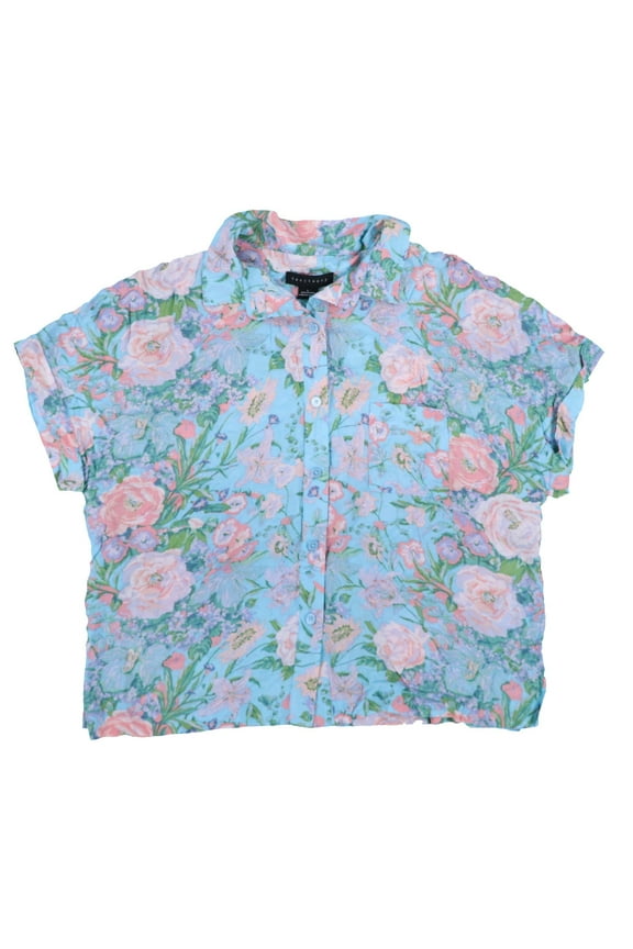 Women's Sleep Top Button-Down Floral Blue L New