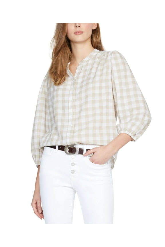 Womens Blouse Small Knit Top Evelyn Check Plaid Beige S