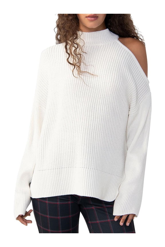 Womens Cold Shoulder Cut-Out Mock Turtleneck Sweater