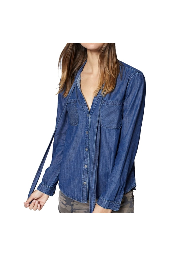 Clothing Womens Tie-Neck Button Up Shirt, Blue, Large