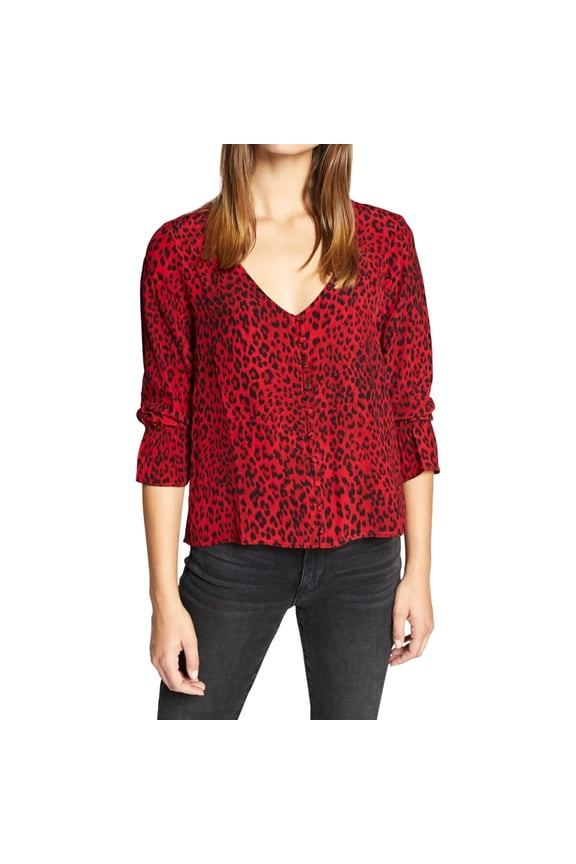 Clothing Womens Smocked Button Down Blouse, Red, X-Small