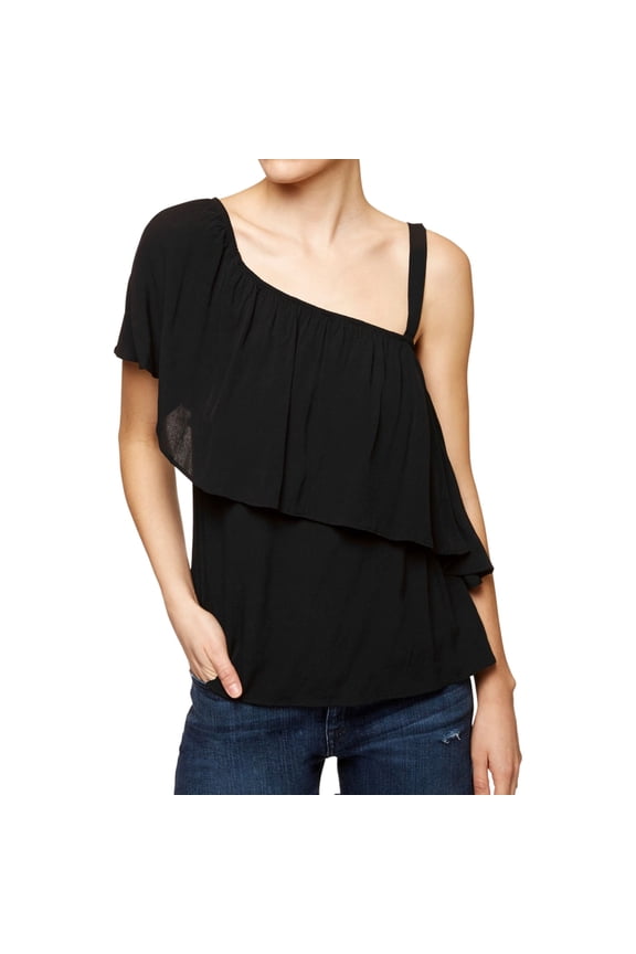 Clothing Womens Ruffled One Shoulder Blouse, Black, X-Large