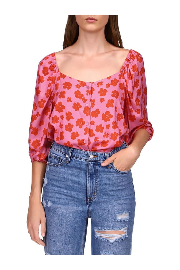 Womens Floral Print Peasant Top Button-Down Top