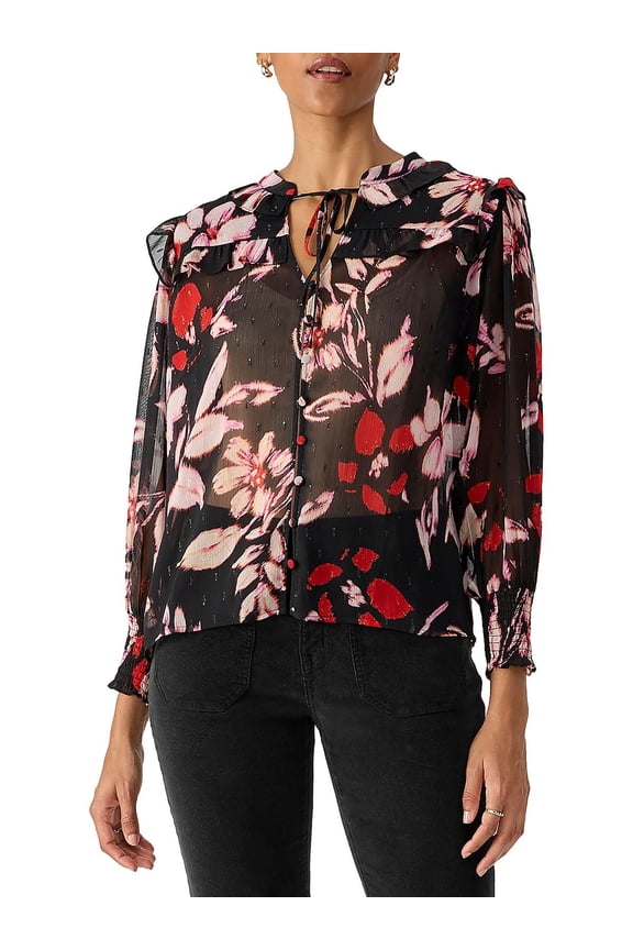 Womens Floral Tie Neck Button-Down Top