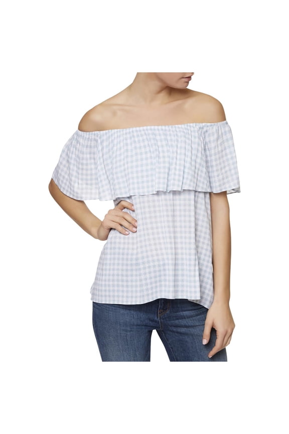 Womens Misha Check Print Off-The-Shoulder Blouse Blue L