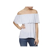 Sanctuary Womens Misha Check Print Off-The-Shoulder Blouse Blue L