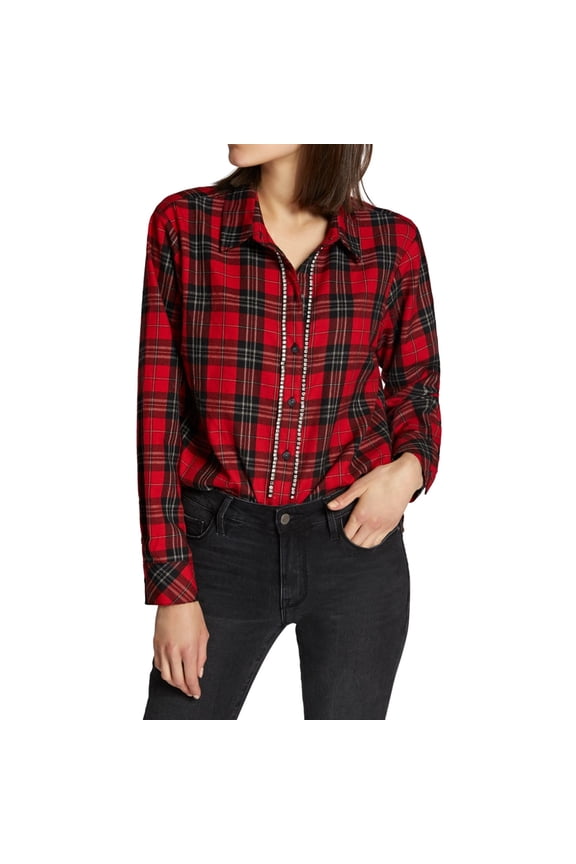 Womens Rockstar Boyfriend  Plaid Rhinestone Button-Down Top