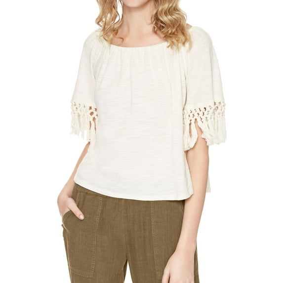SANCTUARY $69 Womens New 1459 Ivory Fringed Off Shoulder 3/4 Sleeve Top L B+B