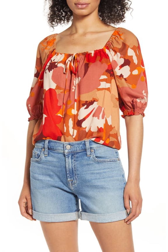 Womens Square Neck Printed Peasant Top