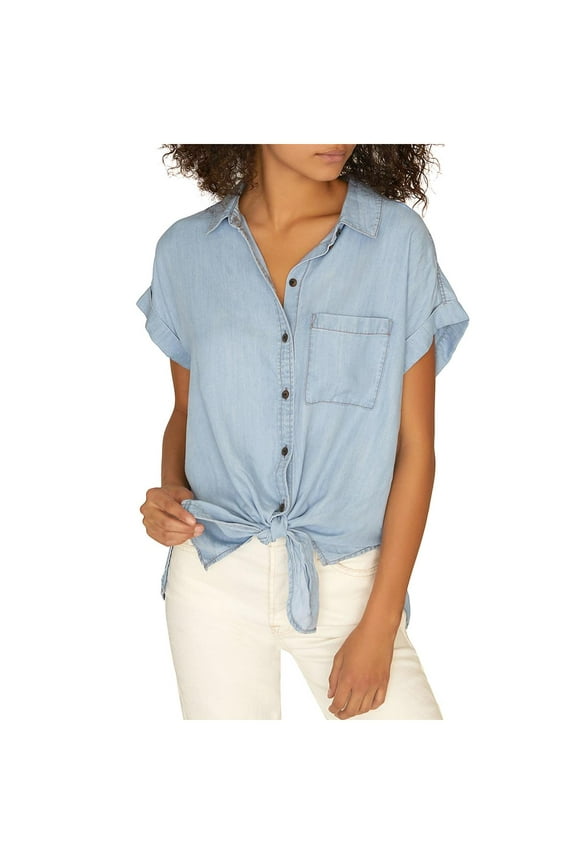 Womens Tencel Chambray Button-Down Top Blue XL