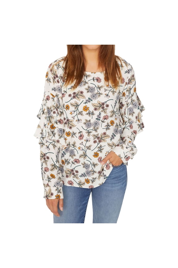 Clothing Womens Floral Ruffled Blouse, White, Medium