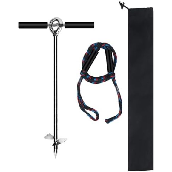 Sand Anchor, 18" Length Auger to The Beach and Sandbar,Chromium-Plated Steel Beach Anchor with Removable Handle, Bungee Line & Carry Bag, Boat Sand Anchor Pole for Jet Ski PWC Pontoon Kayak