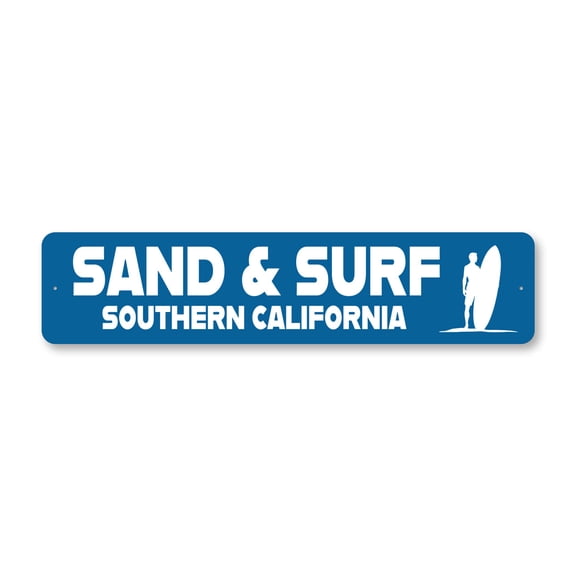 Sand And Surf Southern California Surfing Aluminum Metal Decor Sign - 4x18 inches