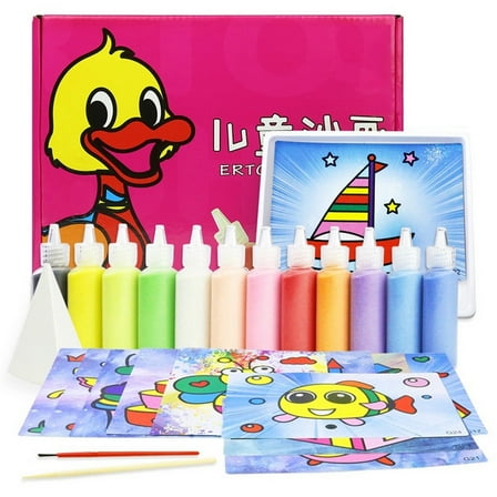 Sand Art Painting Kit With 12 Colors Sand And 12 Sheets Painting Cards Arts And Crafts Toys For Kids Aged 3 And Up With Brush Funnel And Wooden Pen