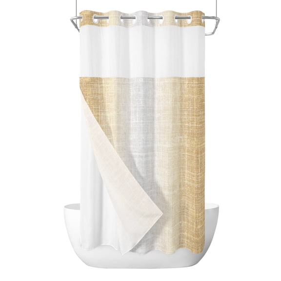 Sand Beige No Hook Shower Curtain with Snap in Liner, Summer Tan Zen Ombre Linen Texture Rustic Farmhouse Waterproof Shower Curtains with See Through Top Window Liner for Bathroom, 54x78 Inches