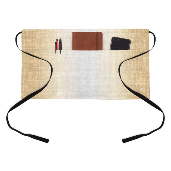 Sand Beige Kitchen Restaurant Half Waist Apron, Summer Tan Zen Ombre Linen Texture Rustic Farmhouse Server Short Apron with 3 Pockets Waterproof Oil Waist Aprons for Women Waitress Waiter