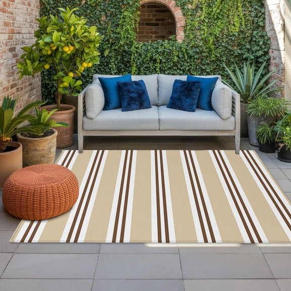Sand Beige Stripes Indoor Outdoor Rugs 6x9 Ft, Brown White Khaki Lines Industrial Modern Outdoor Patio Rugs Mat Washable Outside Area Rugs Carpet for Porch Deck RV Camping Pool Balcony Backyard
